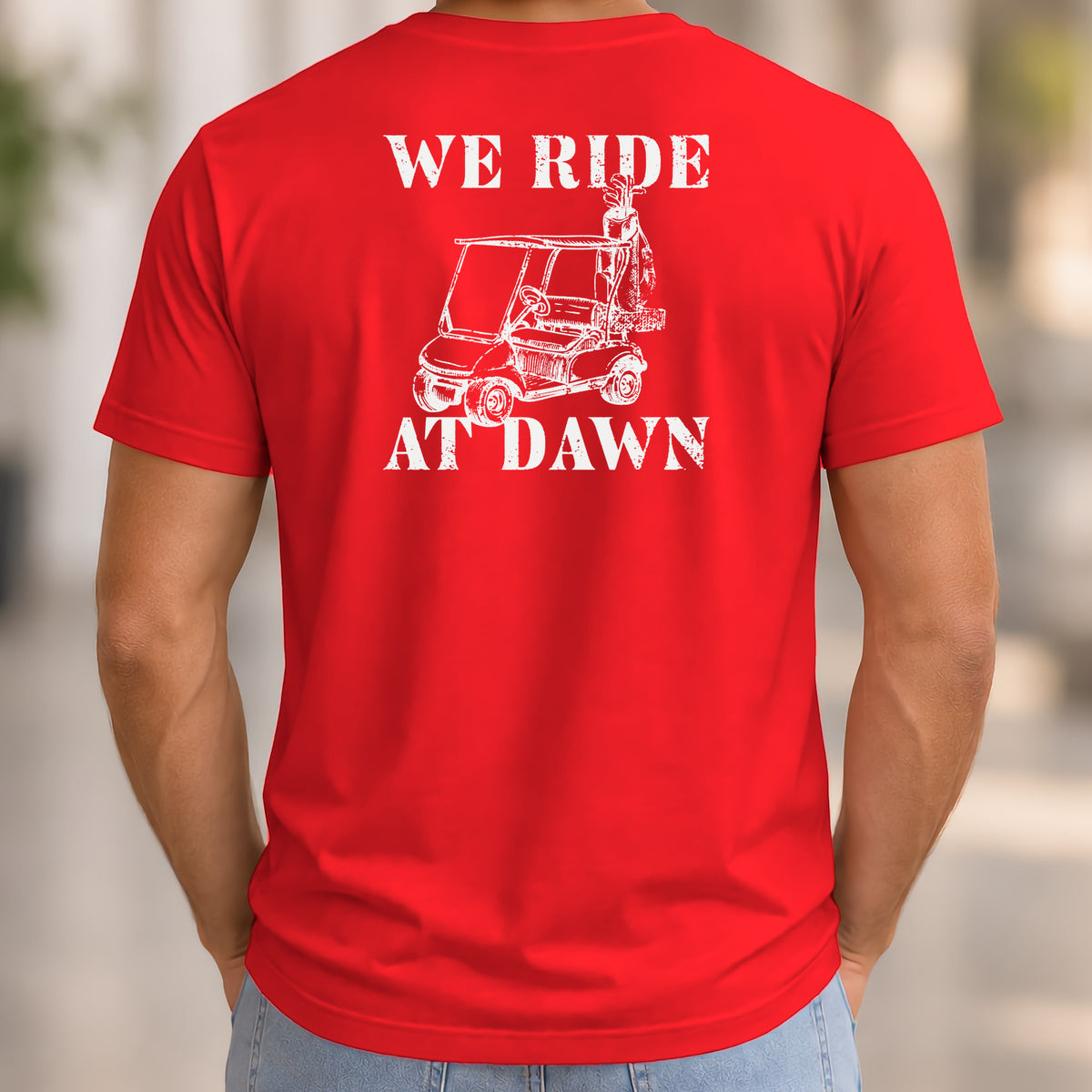 We Ride At Dawn Cart Back Print Tee worn, Red