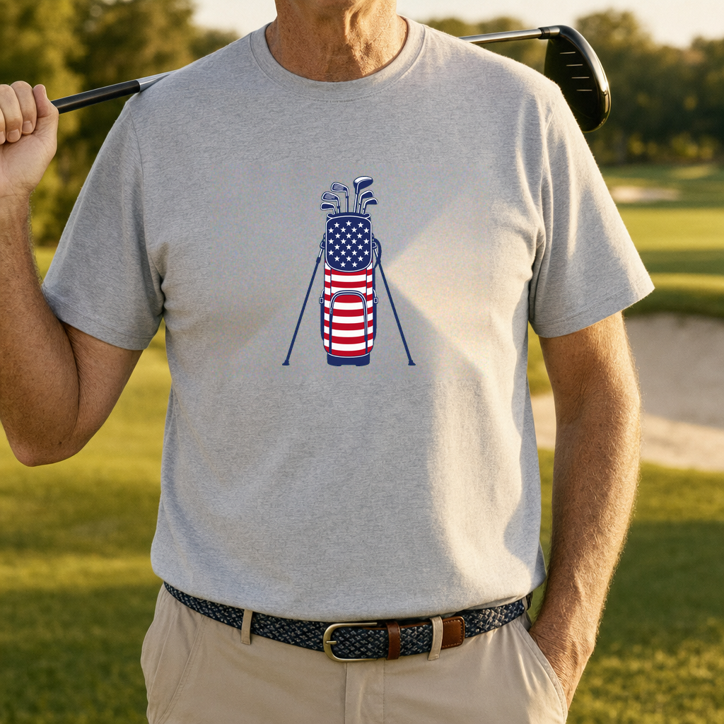 Stars And Stripes Carry Bag Tee worn on the golf course, Sport Grey