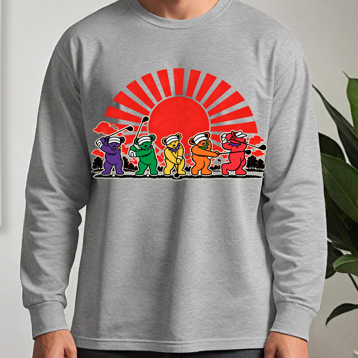 Golf Swing Bears Red Sun Long Sleeve Tee worn, Sport Grey