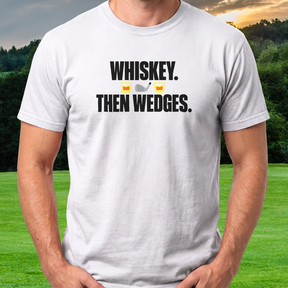 Whiskey Then Wedges Tee worn on the golf course, White