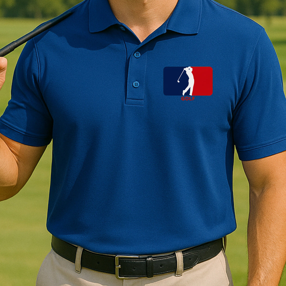 Major League Golf Polo worn on the golf course, Royal