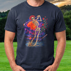 Rose Skeleton Rock Tour Tee worn on the golf course, Navy