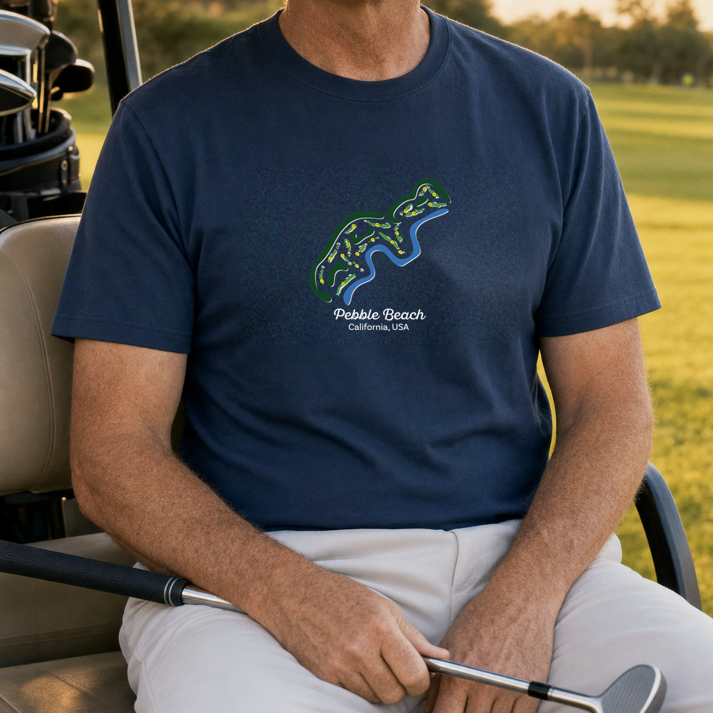 Pebble Beach Course Map Tee worn on the golf course, Navy