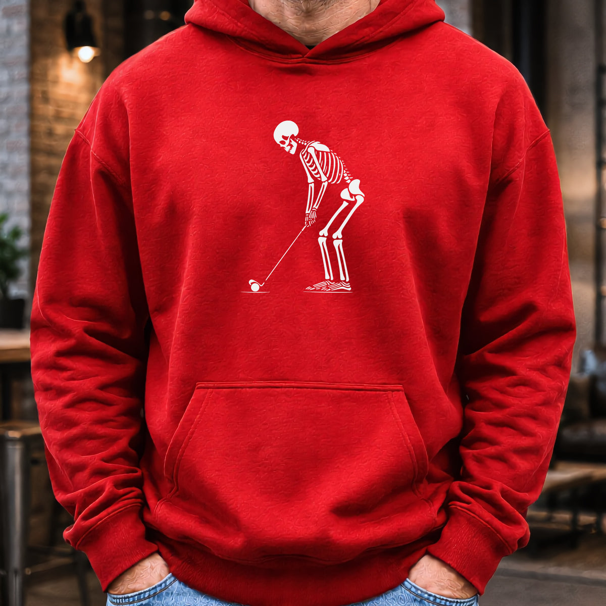 Skeleton Golfer Hoodie worn, Red