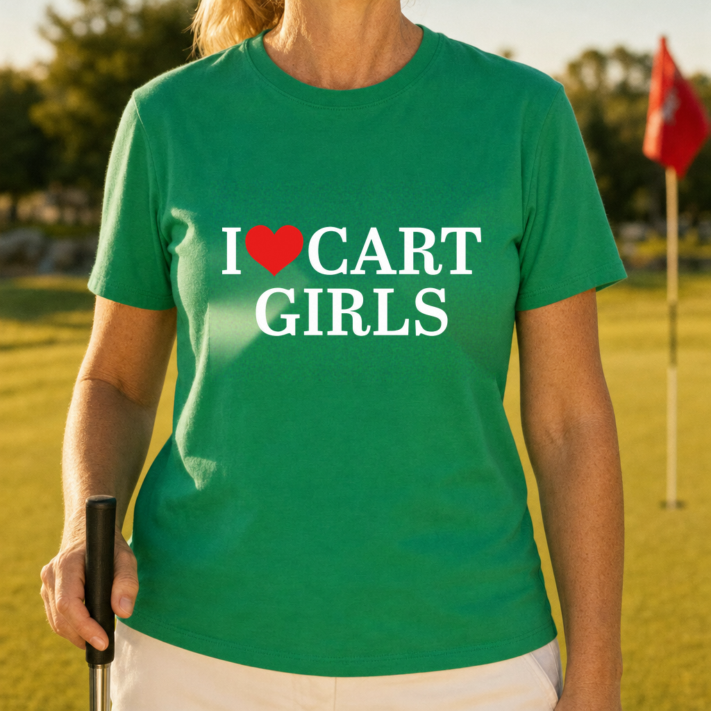 I Love Cart Girls Tee worn on the golf course, Irish Green