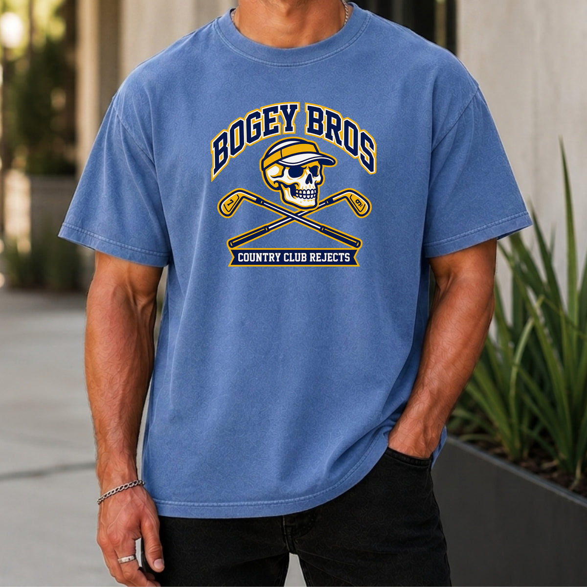 Bogey Bros Premium Tee worn, Mystic Blue