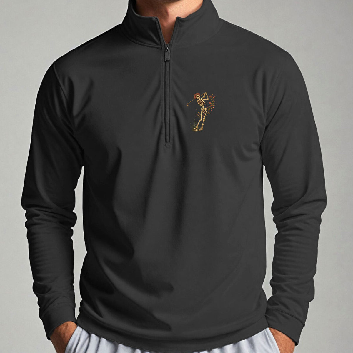 Rose Skeleton Swing Quarter Zip worn, Black