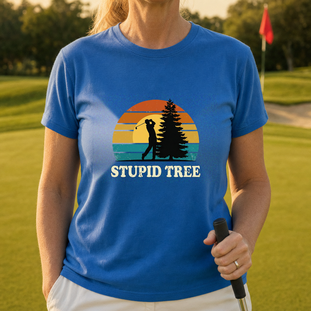 Stupid Tree Tee worn on the golf course, Royal