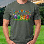 Golf Swing Bears Folk Art Tee worn on the golf course, Military Green