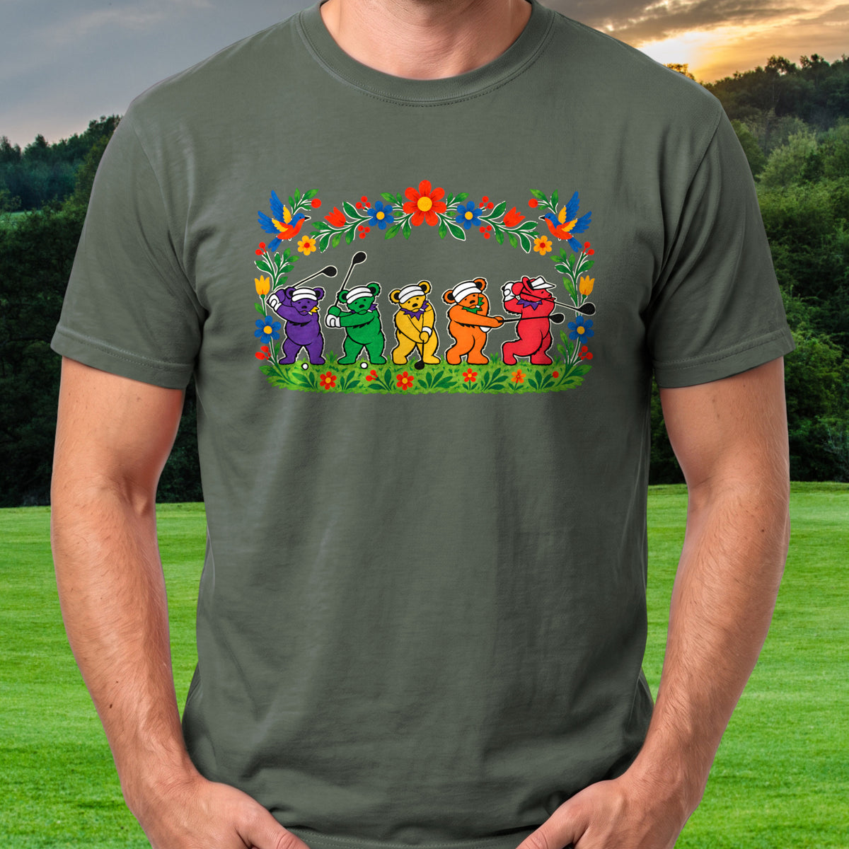 Golf Swing Bears Folk Art Tee worn on the golf course, Military Green