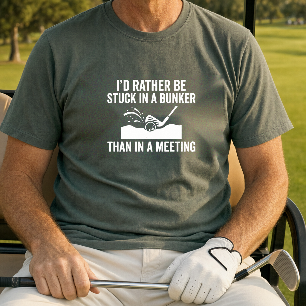 Better Than Being In A Meeting Tee worn on the golf course, Military Green