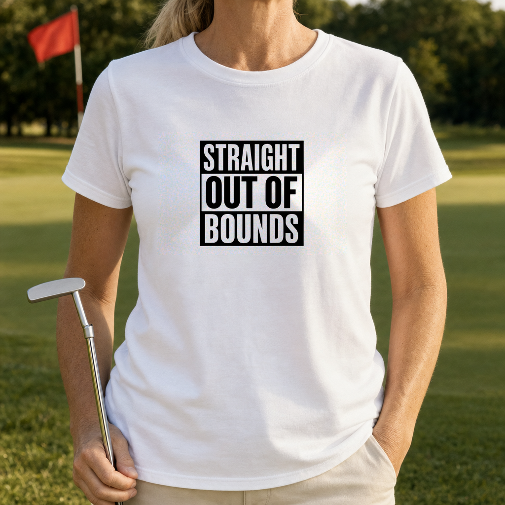 Straight Out Of Bounds Tee worn on the golf course, White