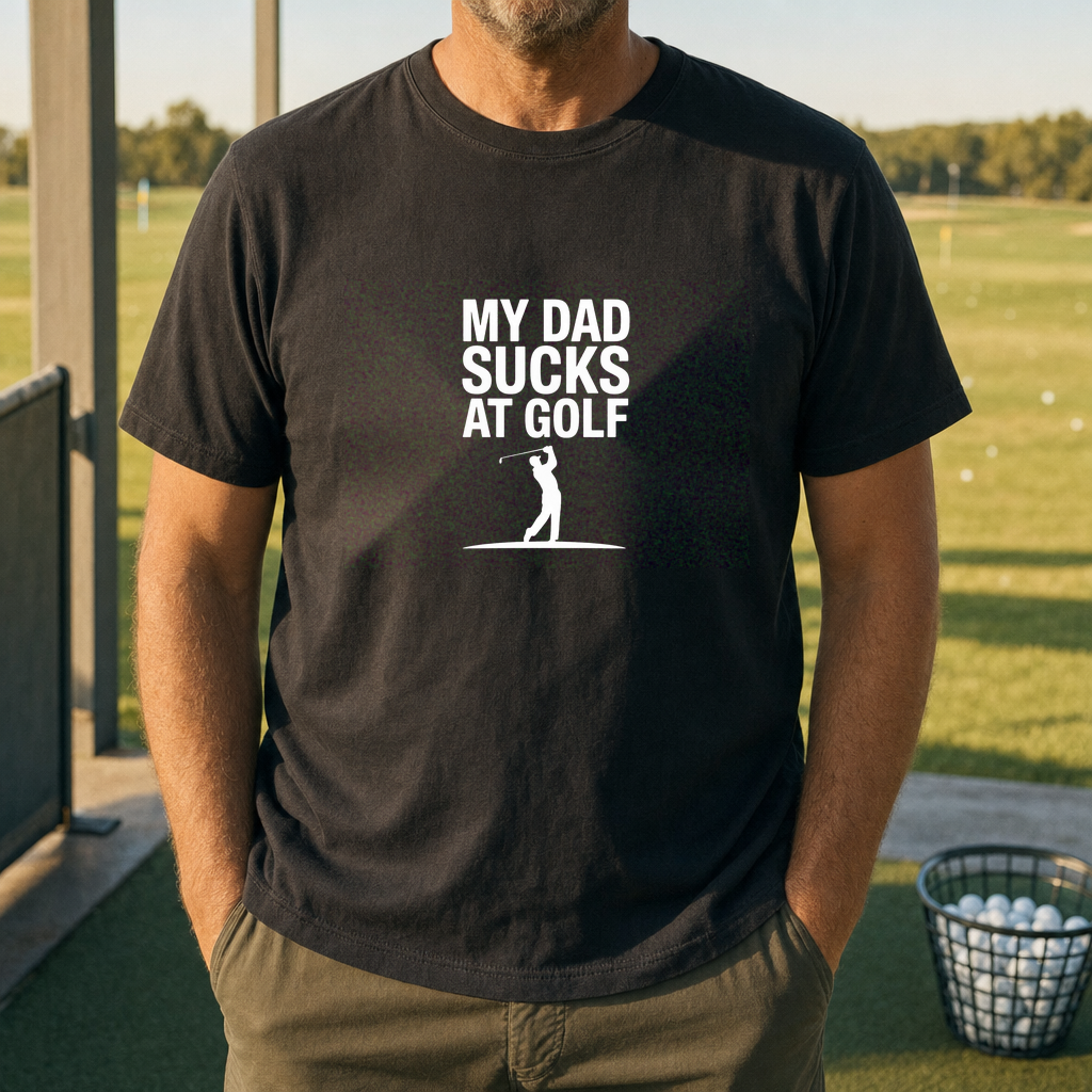 My Dad Sucks At Golf Heavyweight Tee worn on the golf course, Pepper