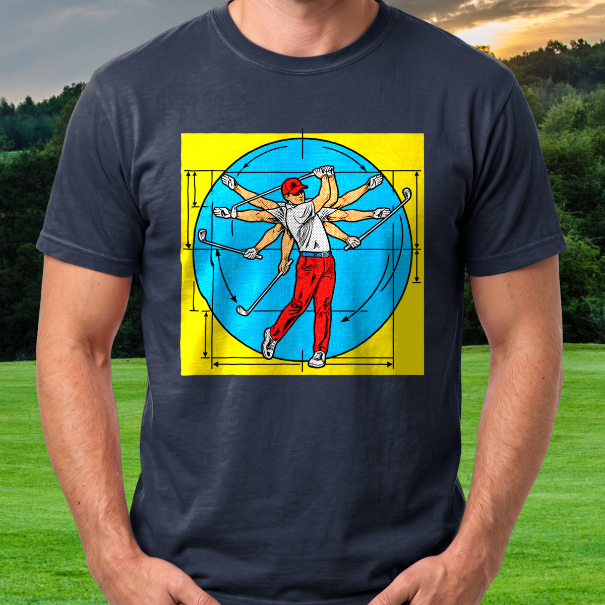 Da Vinci Swing Pop Art Tee worn on the golf course, Navy