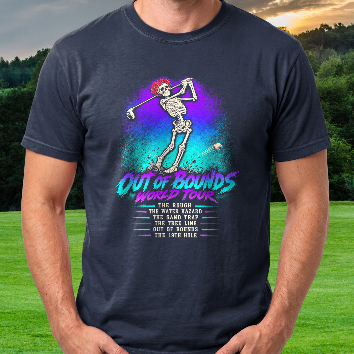 Out Of Bounds World Tour Tee worn on the golf course, Navy