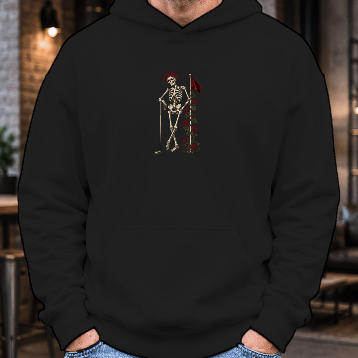 Rose Skeleton Leaning Hoodie worn, Black