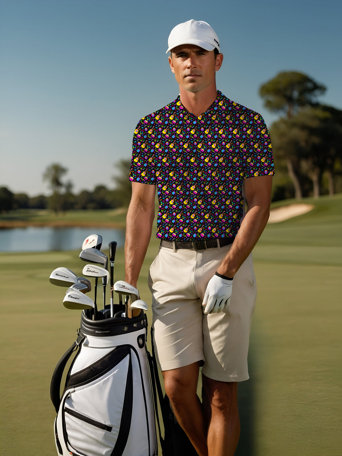 Neon Music Performance Print Polo worn on the golf course