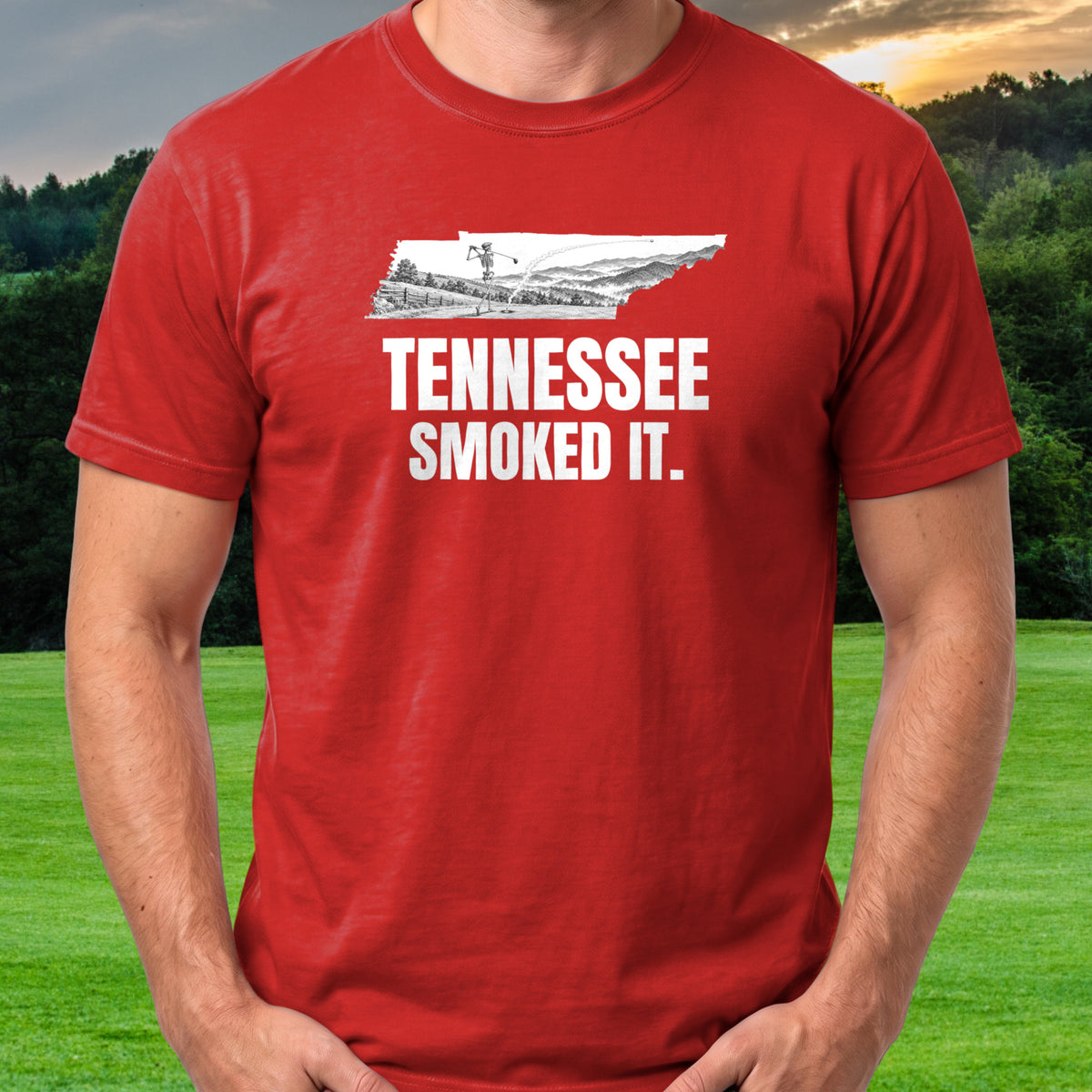 Tennessee Smoked It Tee worn on the golf course, Red