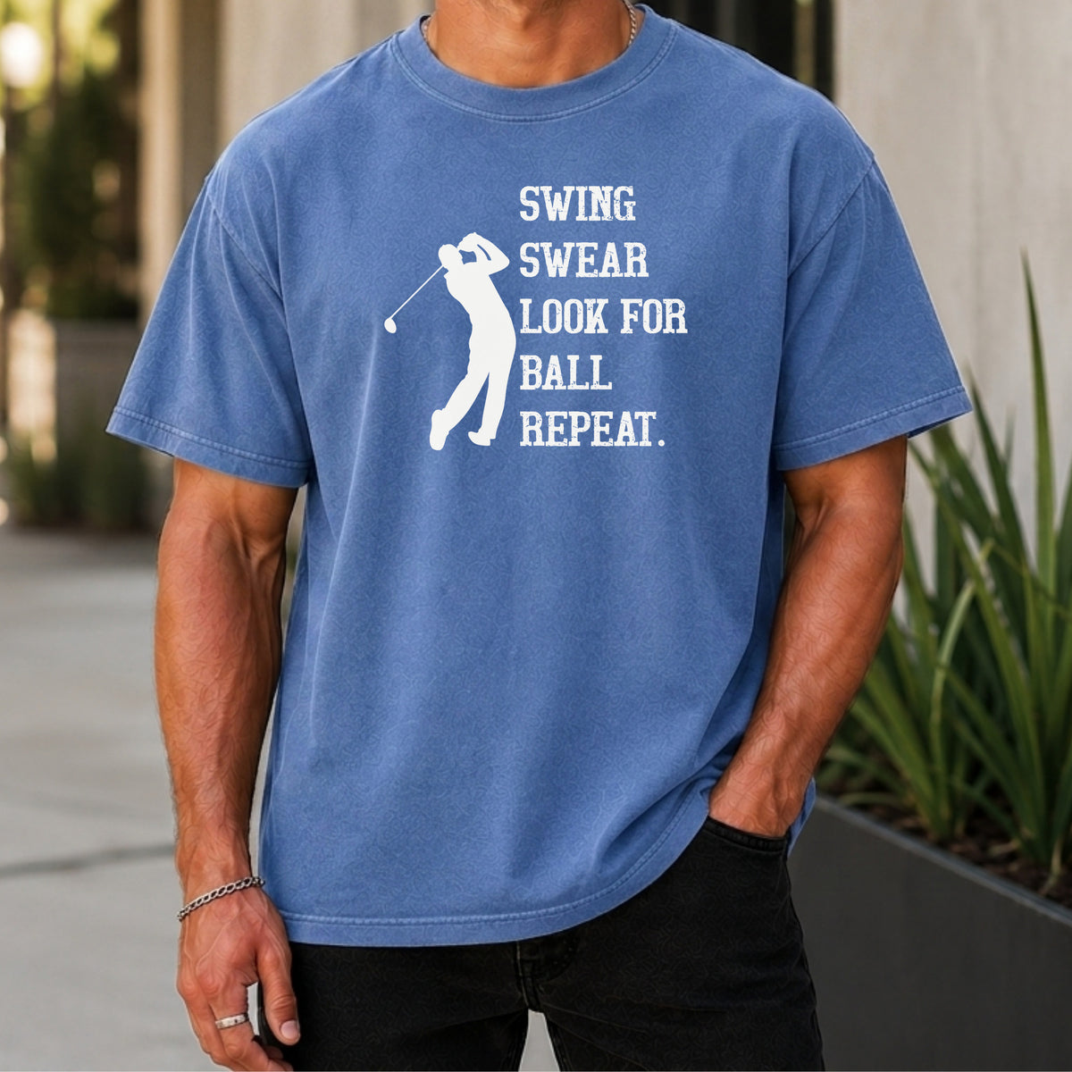 Swing Swear Repeat Premium Tee worn, Mystic Blue