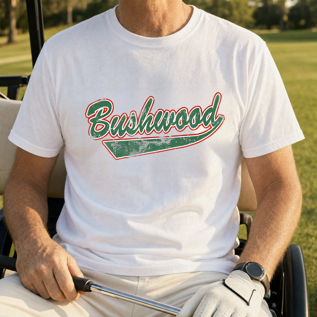 Bushwood Jersey Tee worn on the golf course, White