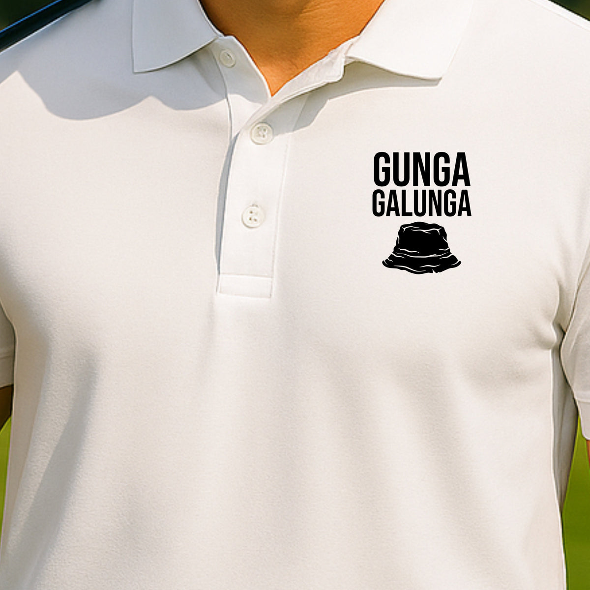 Gunga Galunga Performance Polo worn on the golf course, White