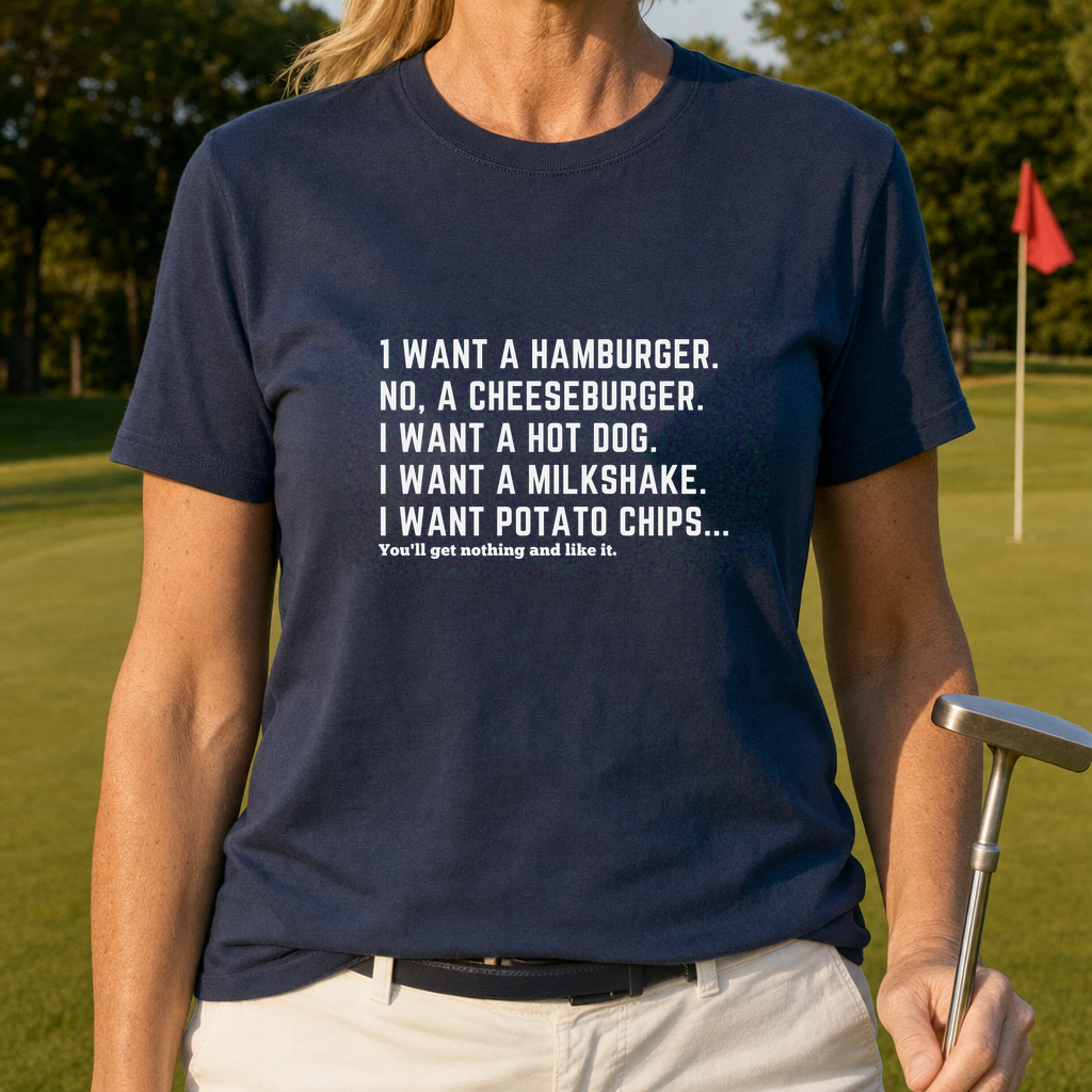 You'll Get Nothing Tee worn on the golf course, Navy