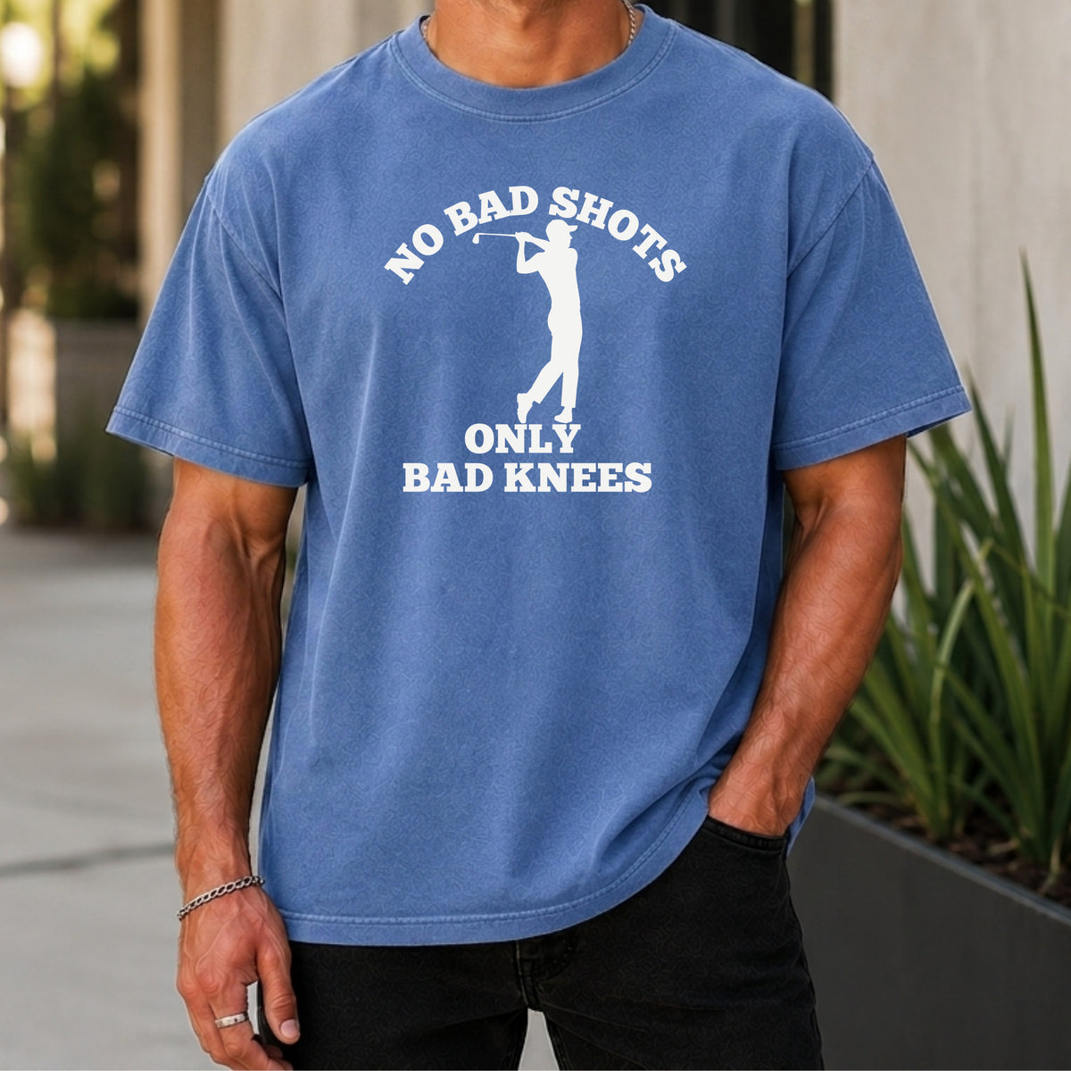 No Bad Shots Premium Tee worn, Mystic Blue