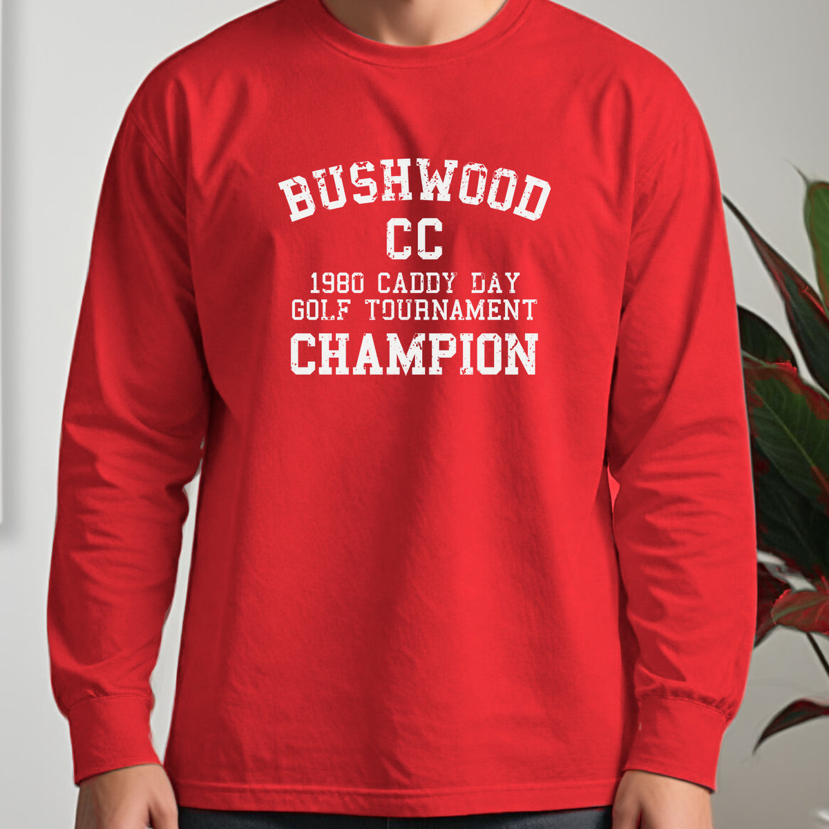Bushwood Caddy Day Long Sleeve Tee worn, Red