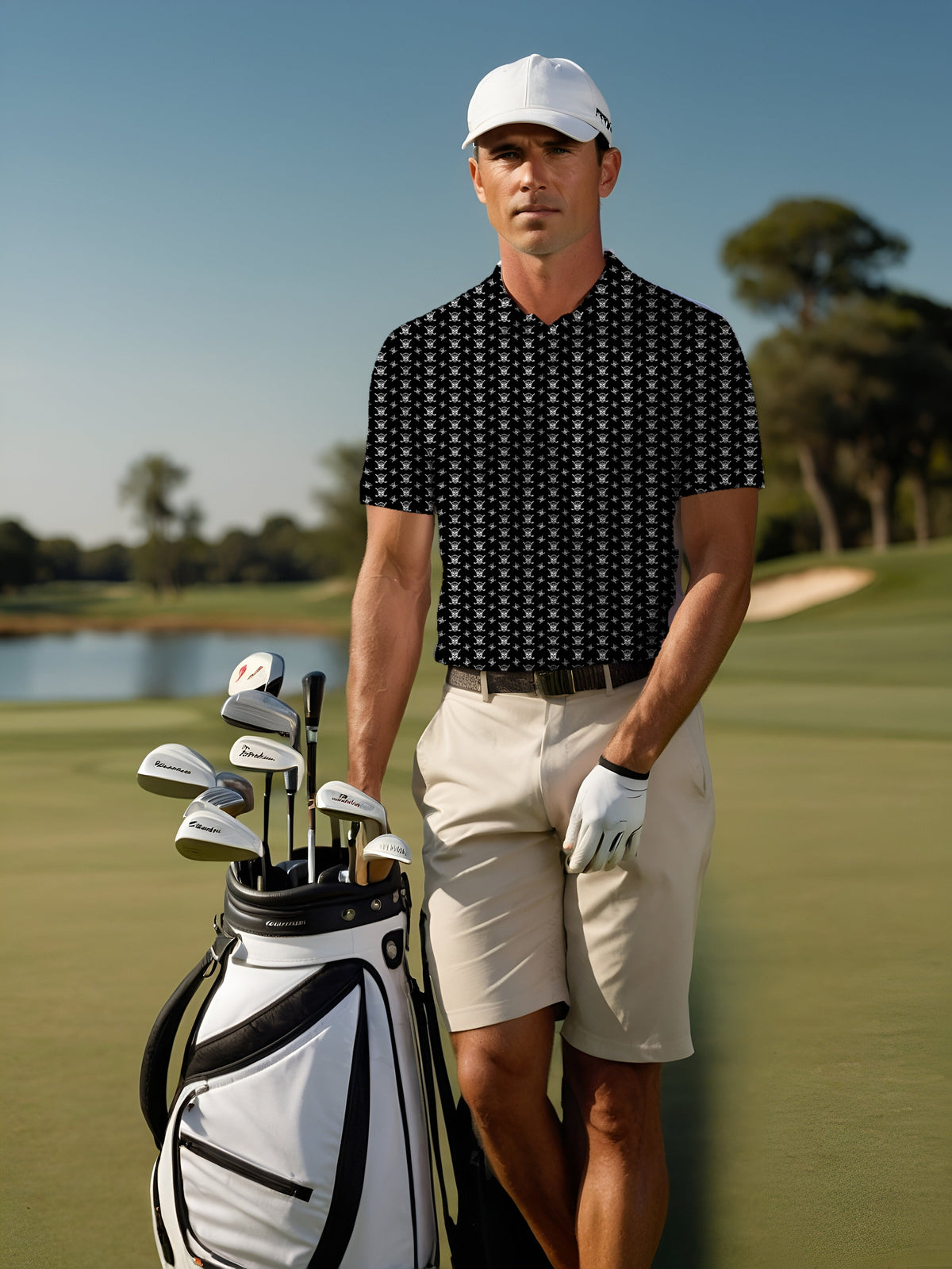 Skull And Cross Clubs Performance Print Polo worn on the golf course