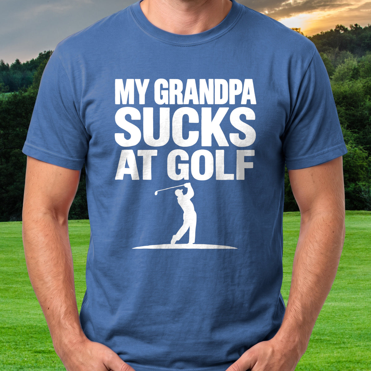 My Grandpa Sucks At Golf Tee worn on the golf course, Royal