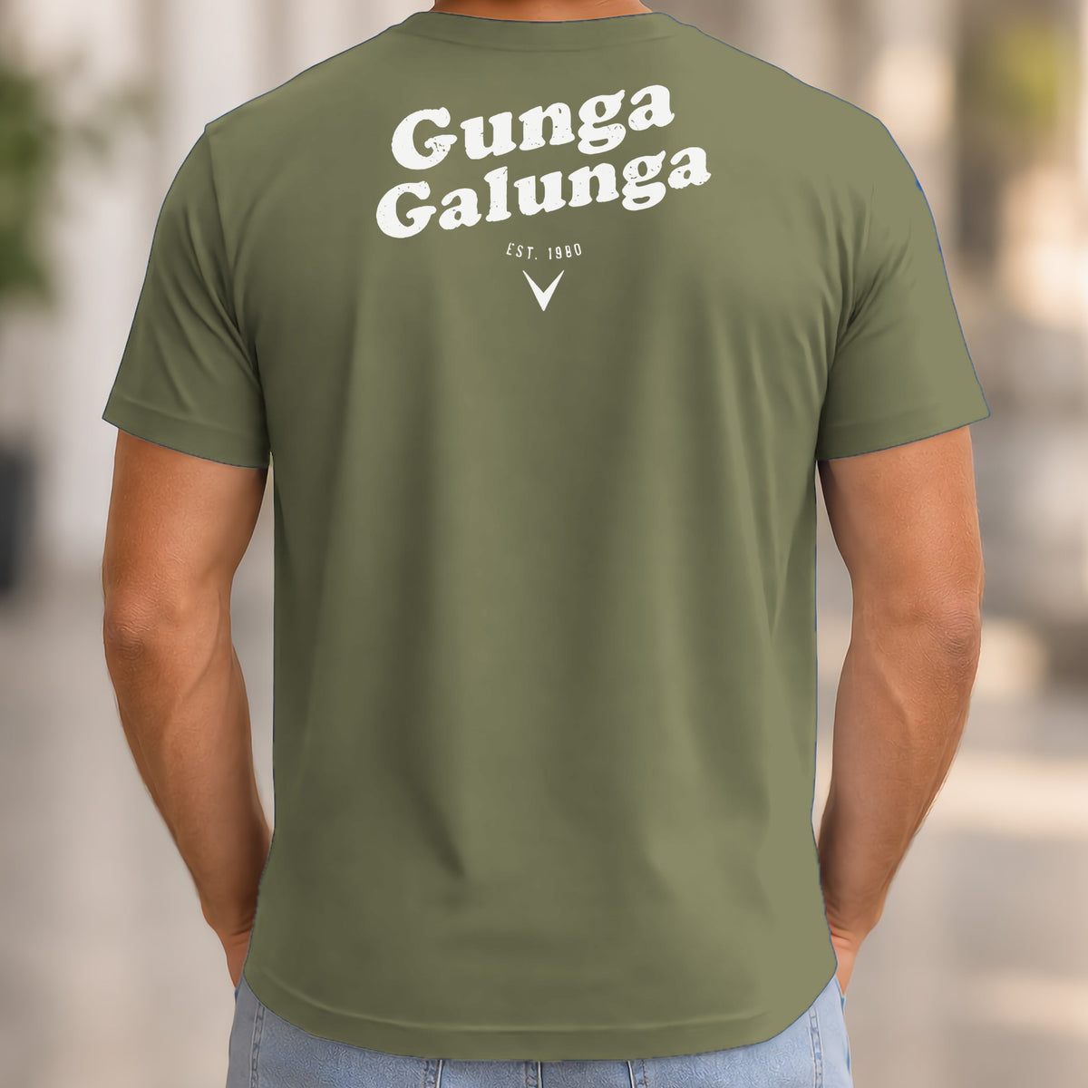 Gunga Galunga 1980 Back Print Tee worn, Military Green