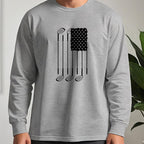 USA Flag Clubs & Stars Long Sleeve Tee worn, Sport Grey