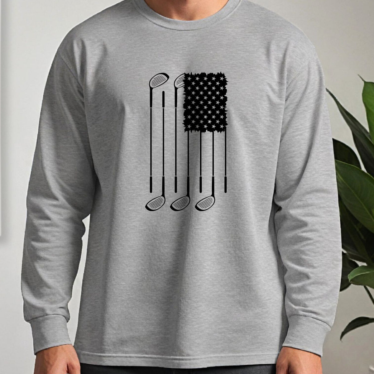 USA Flag Clubs & Stars Long Sleeve Tee worn, Sport Grey