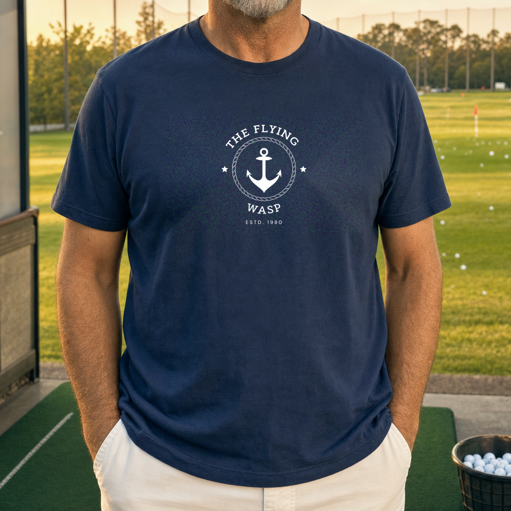 The Flying Wasp Tee worn on the golf course, Navy