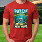 Dive The Water Hazard Travel Poster Tee worn on the golf course, Red