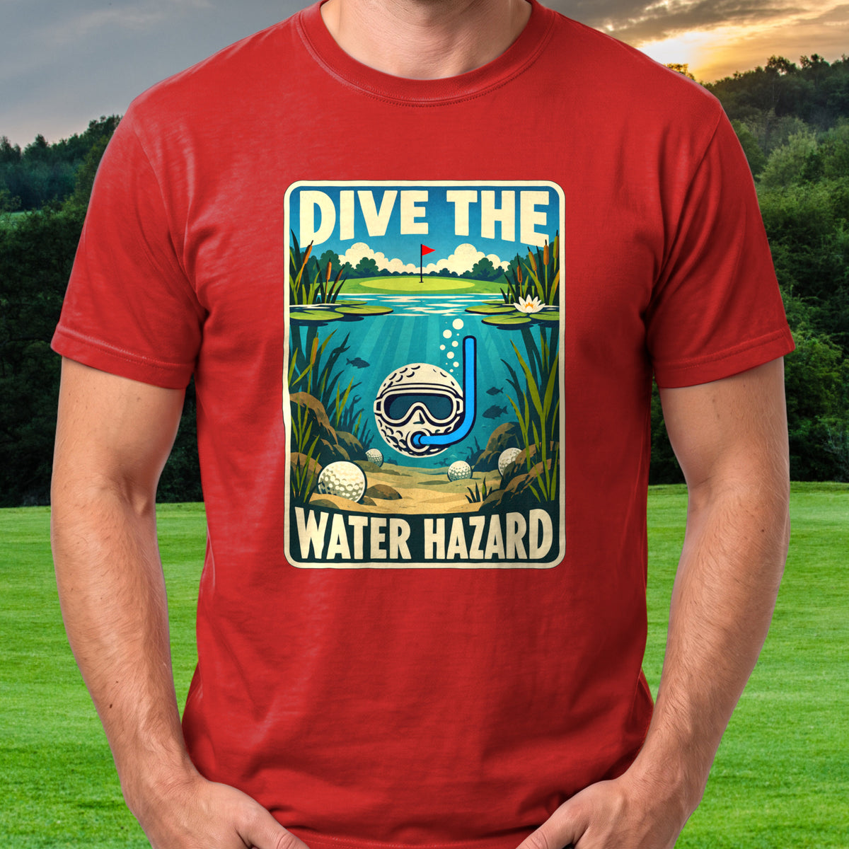 Dive The Water Hazard Travel Poster Tee worn on the golf course, Red