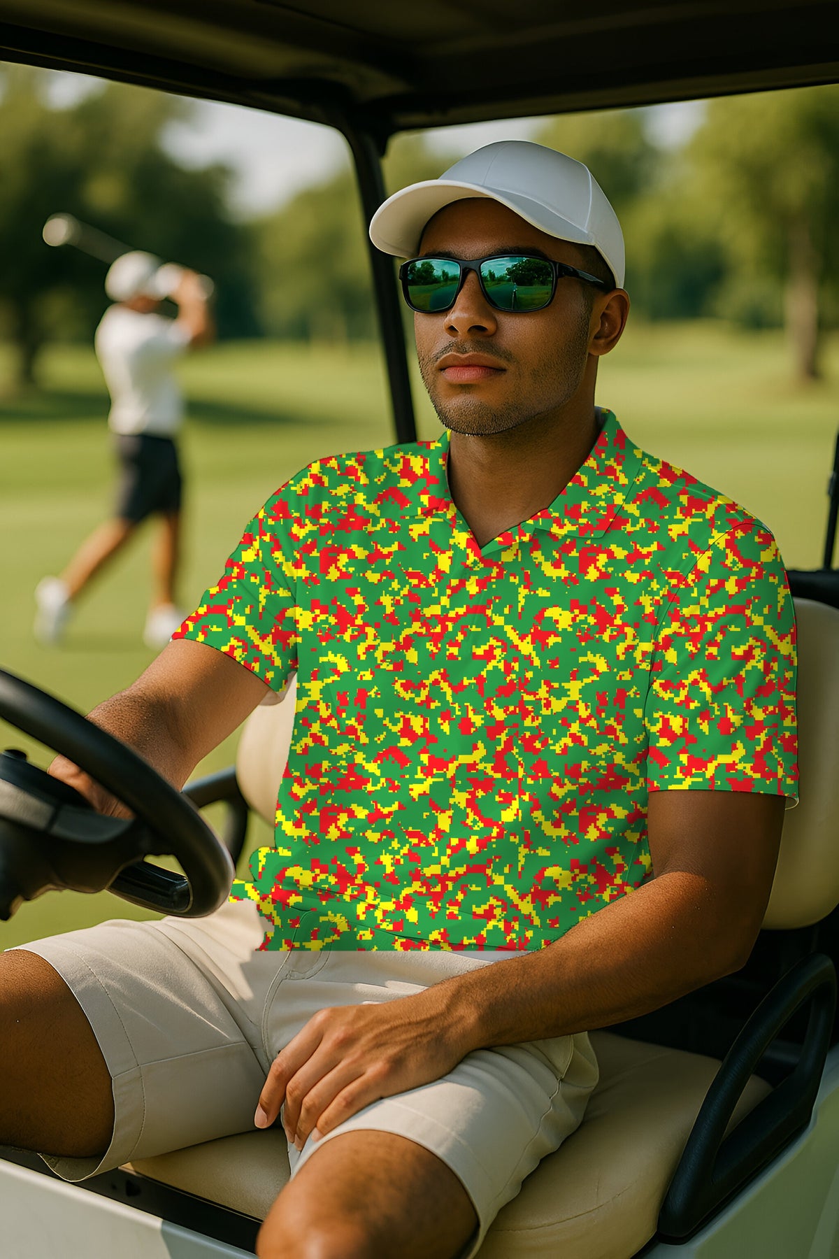 Rasta Camo Performance Print Polo worn on the golf course