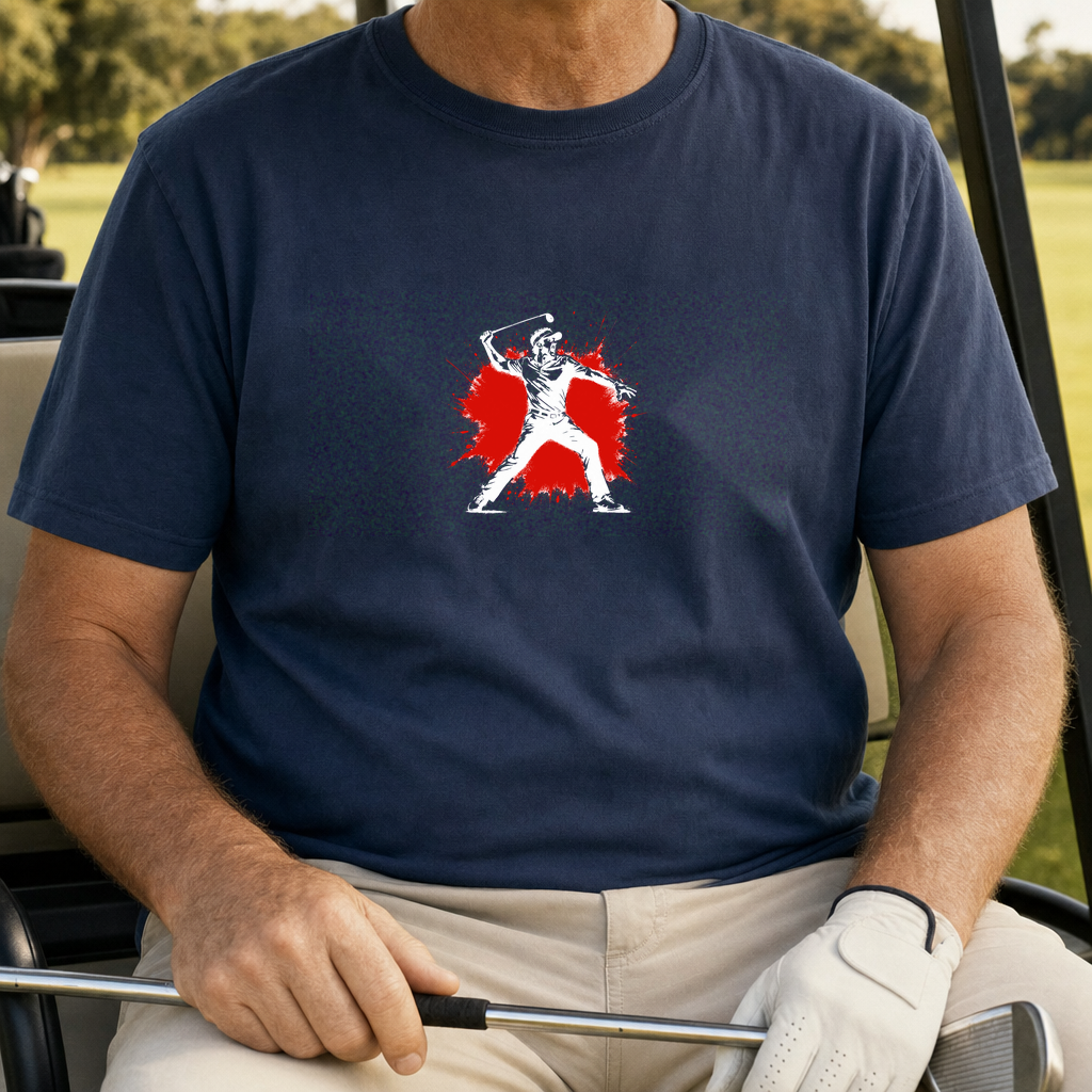 Angry Golfer Color Splash Tee worn on the golf course, Navy