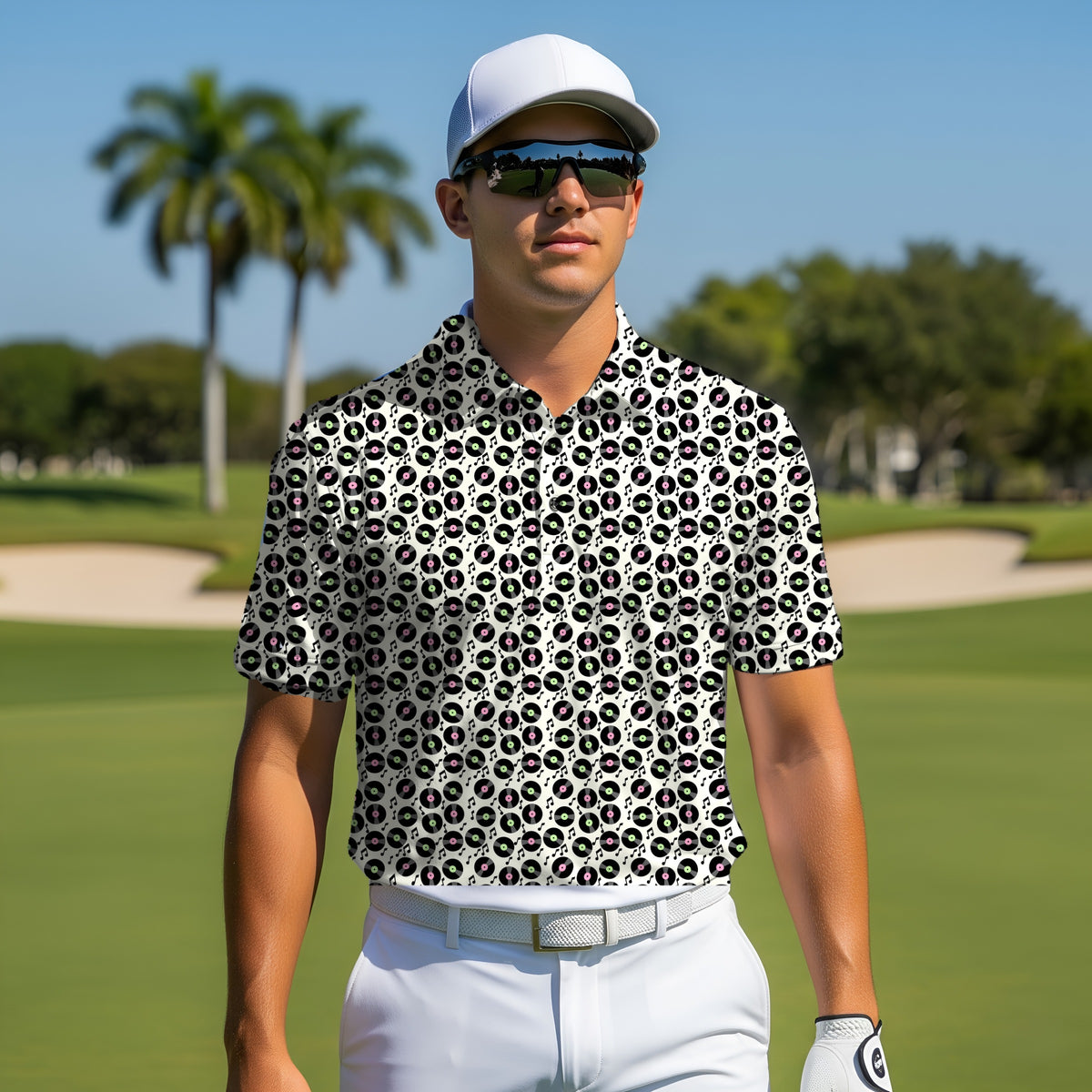 Vinyl Records Performance Print Polo worn on the golf course