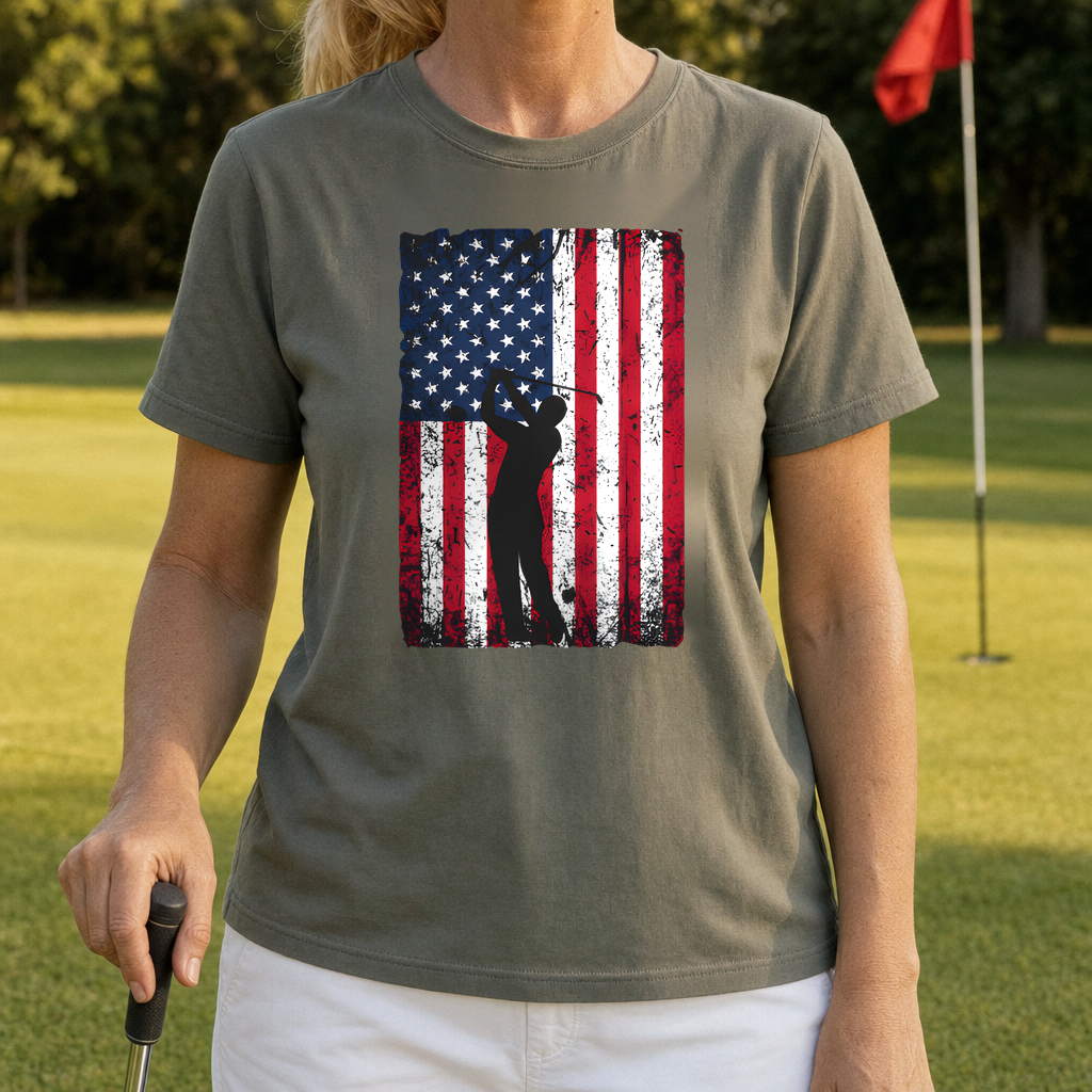 Flag Swing Heavyweight Tee worn on the golf course, Moss