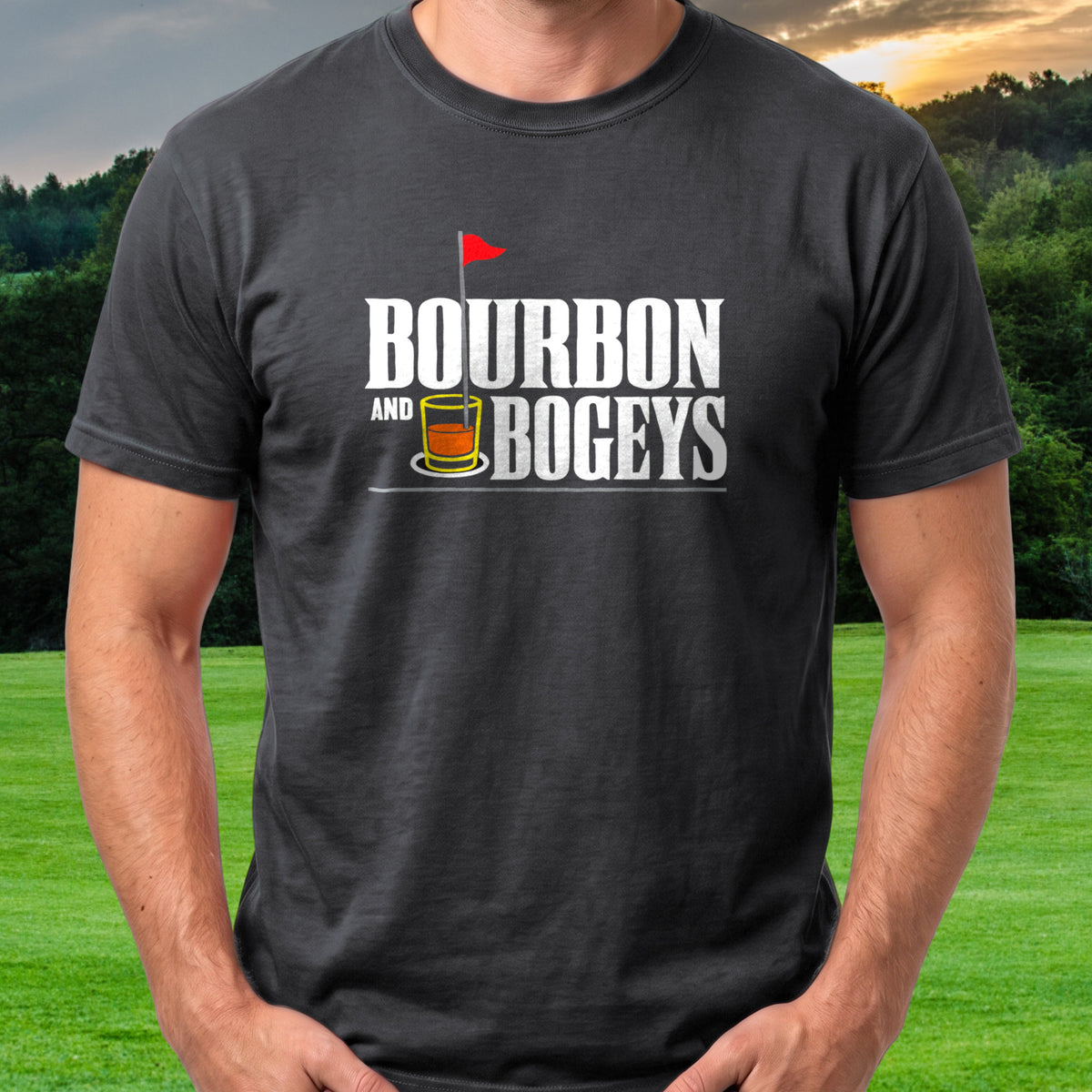 Bourbon And Bogeys Tee worn on the golf course, Black