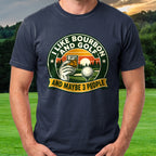 I Like Bourbon And Golf Park Badge Tee worn on the golf course, Navy