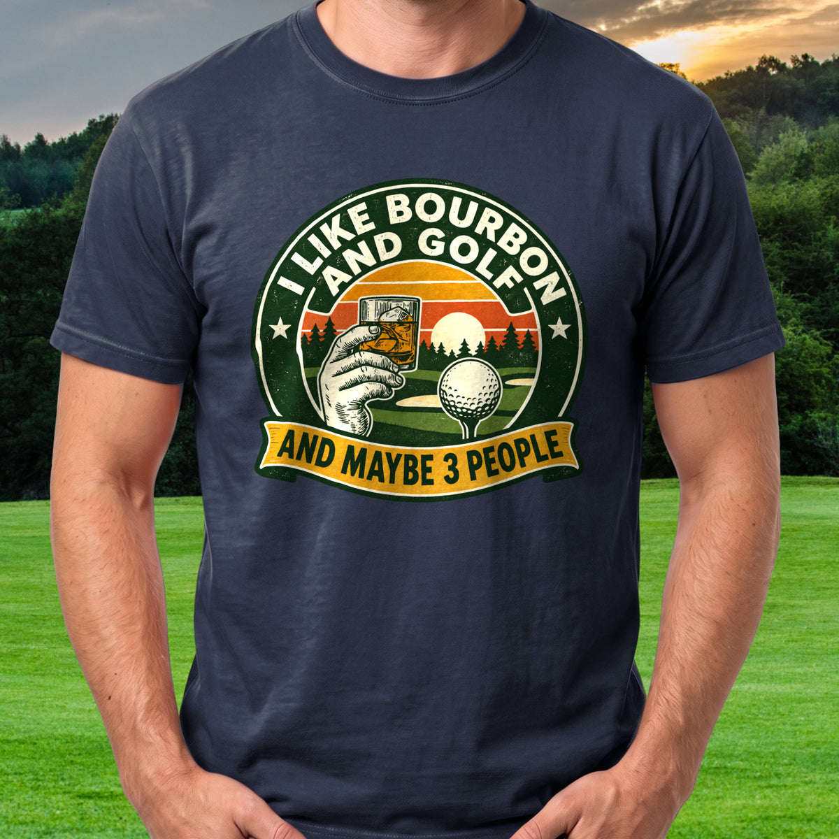 I Like Bourbon And Golf Park Badge Tee worn on the golf course, Navy