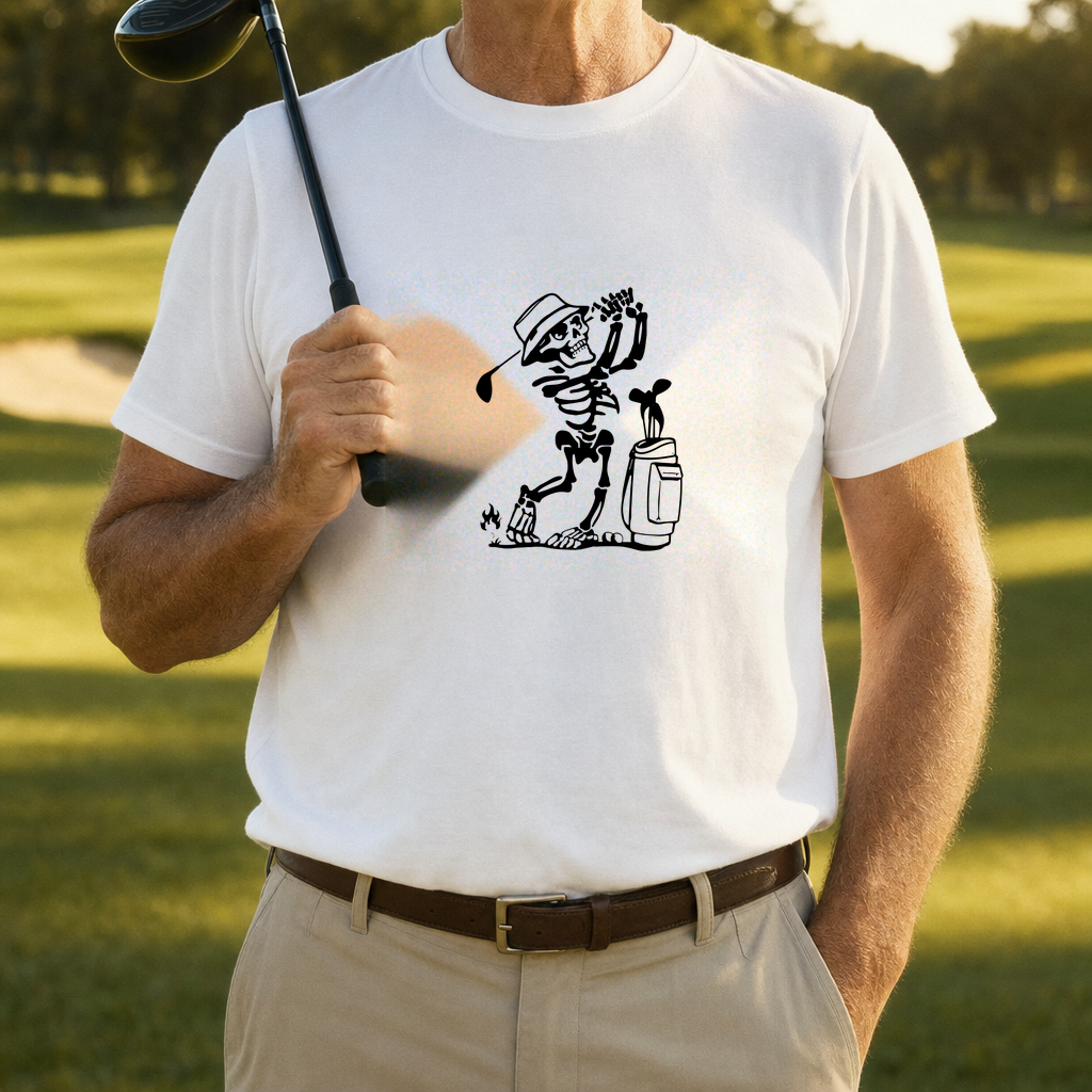 Skeleton Golfing! Tee worn on the golf course, White