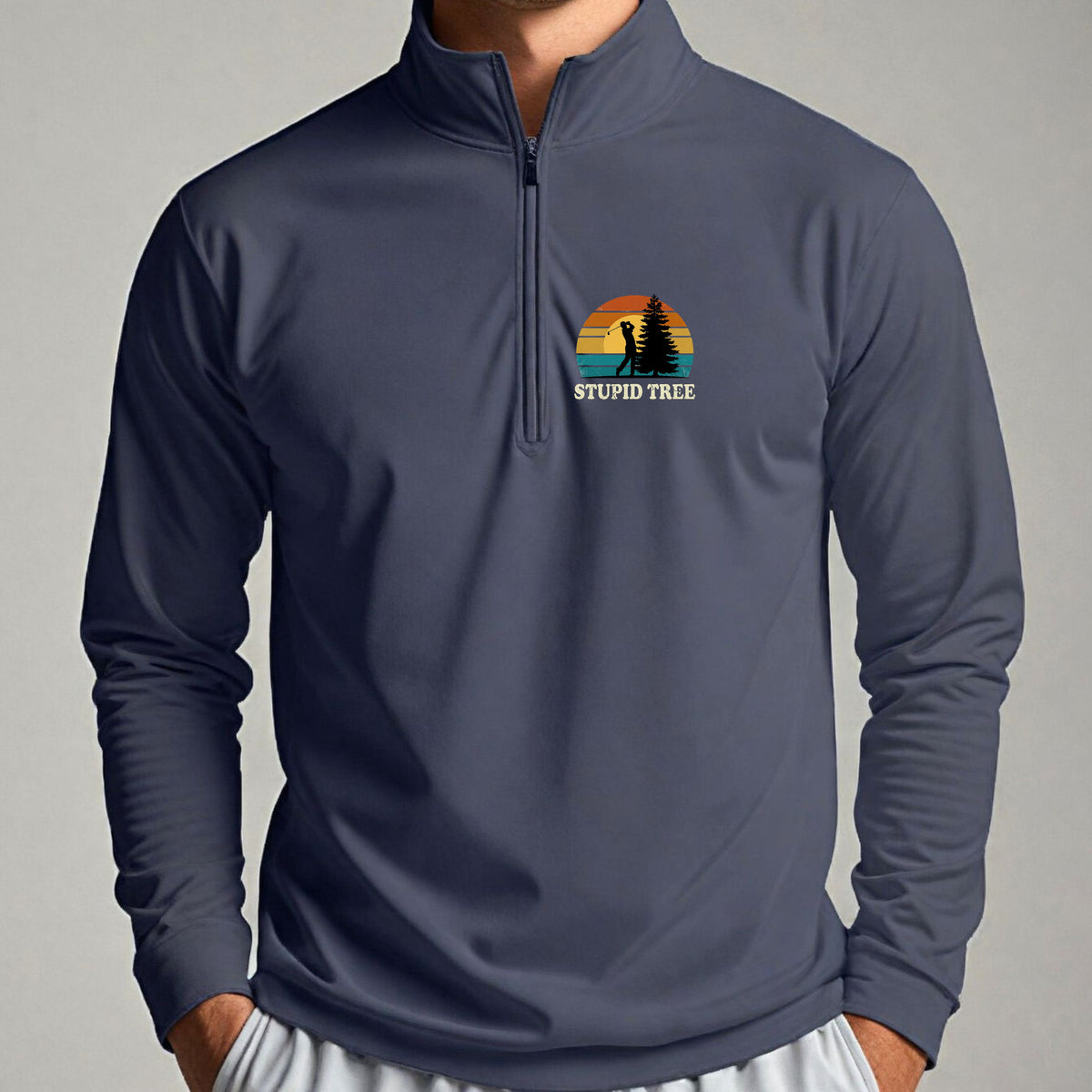 Stupid Tree Quarter Zip worn, Navy