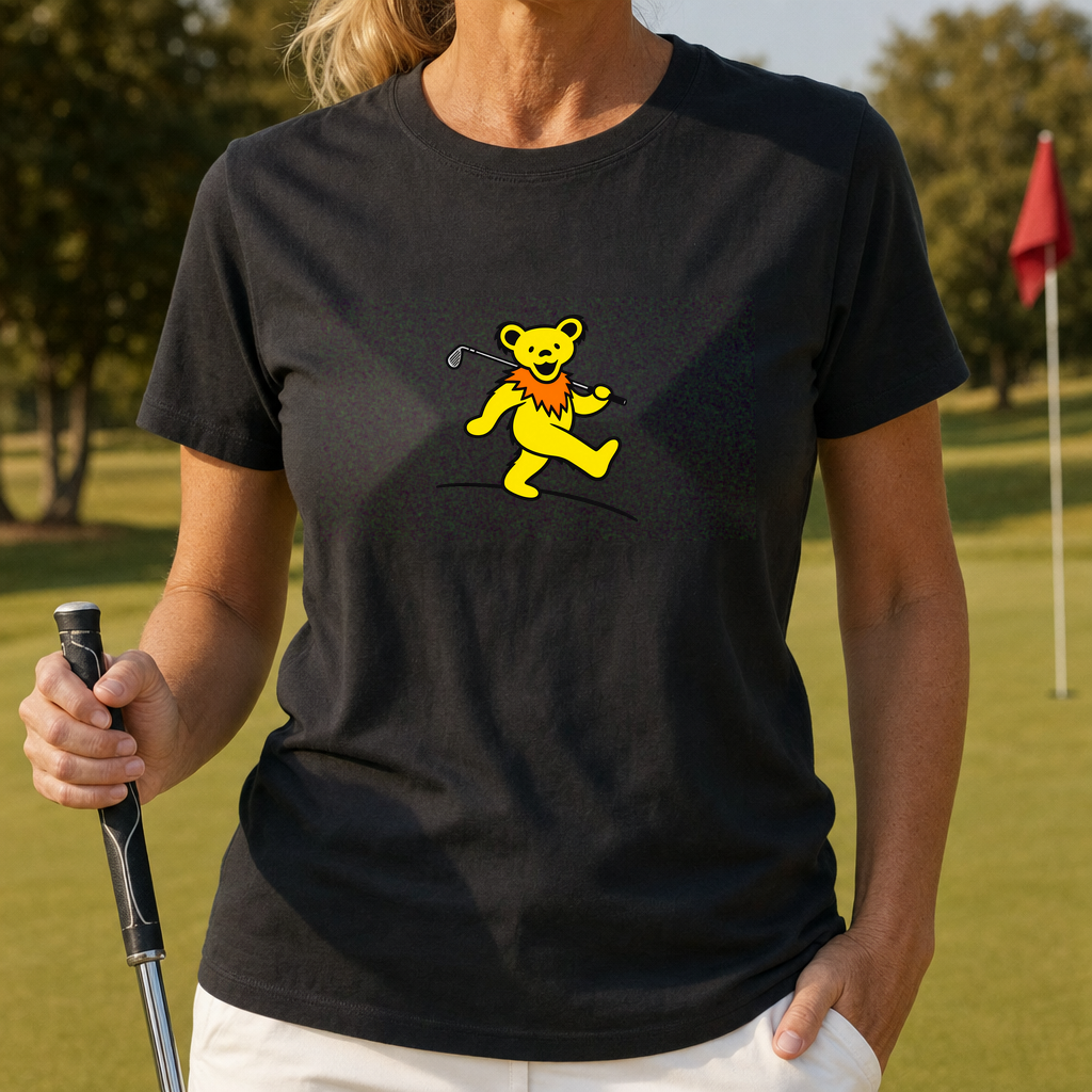 Bear's Cart Path Victory Strut Tee worn on the golf course, Black