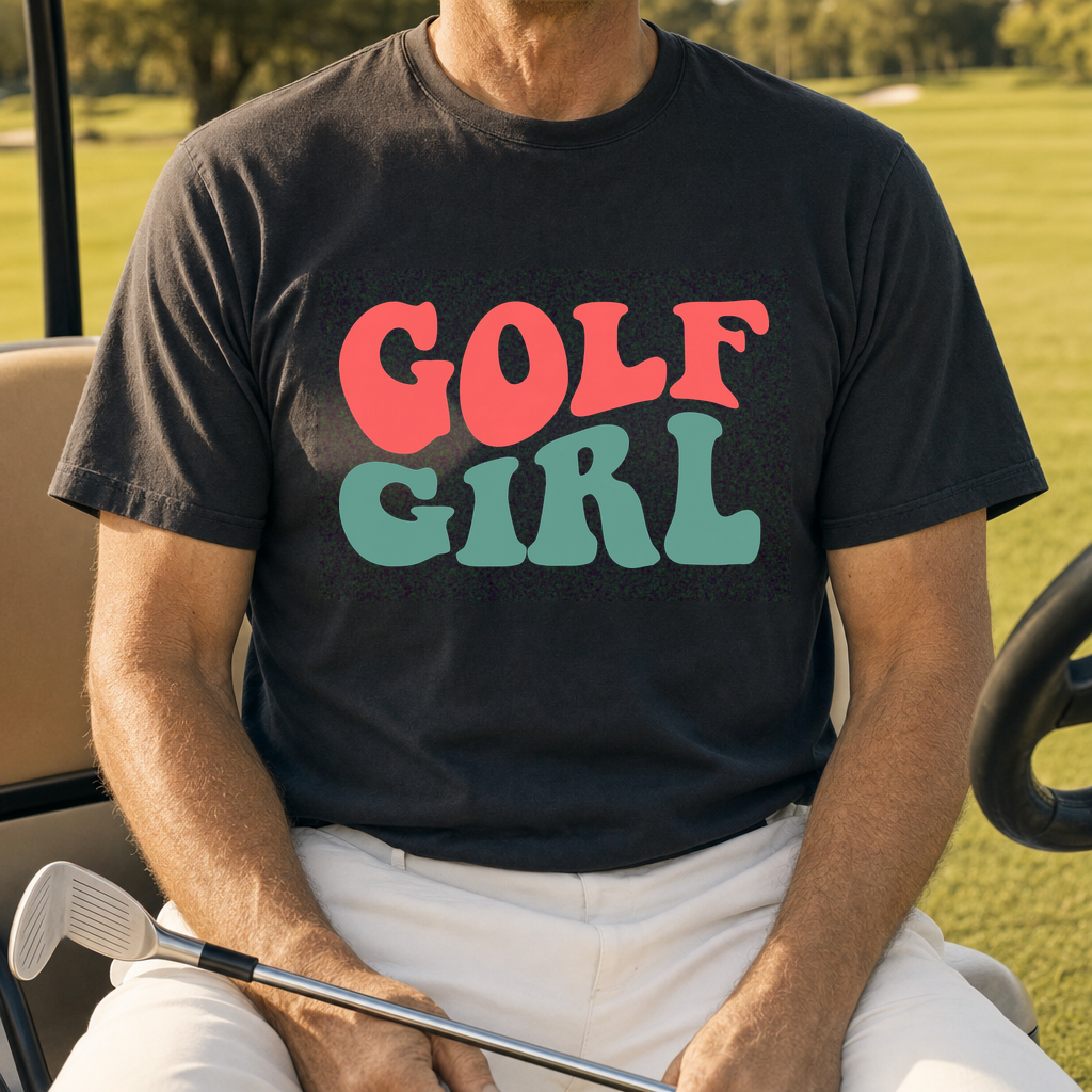 Golf Girl Heavyweight Tee worn on the golf course, Moss