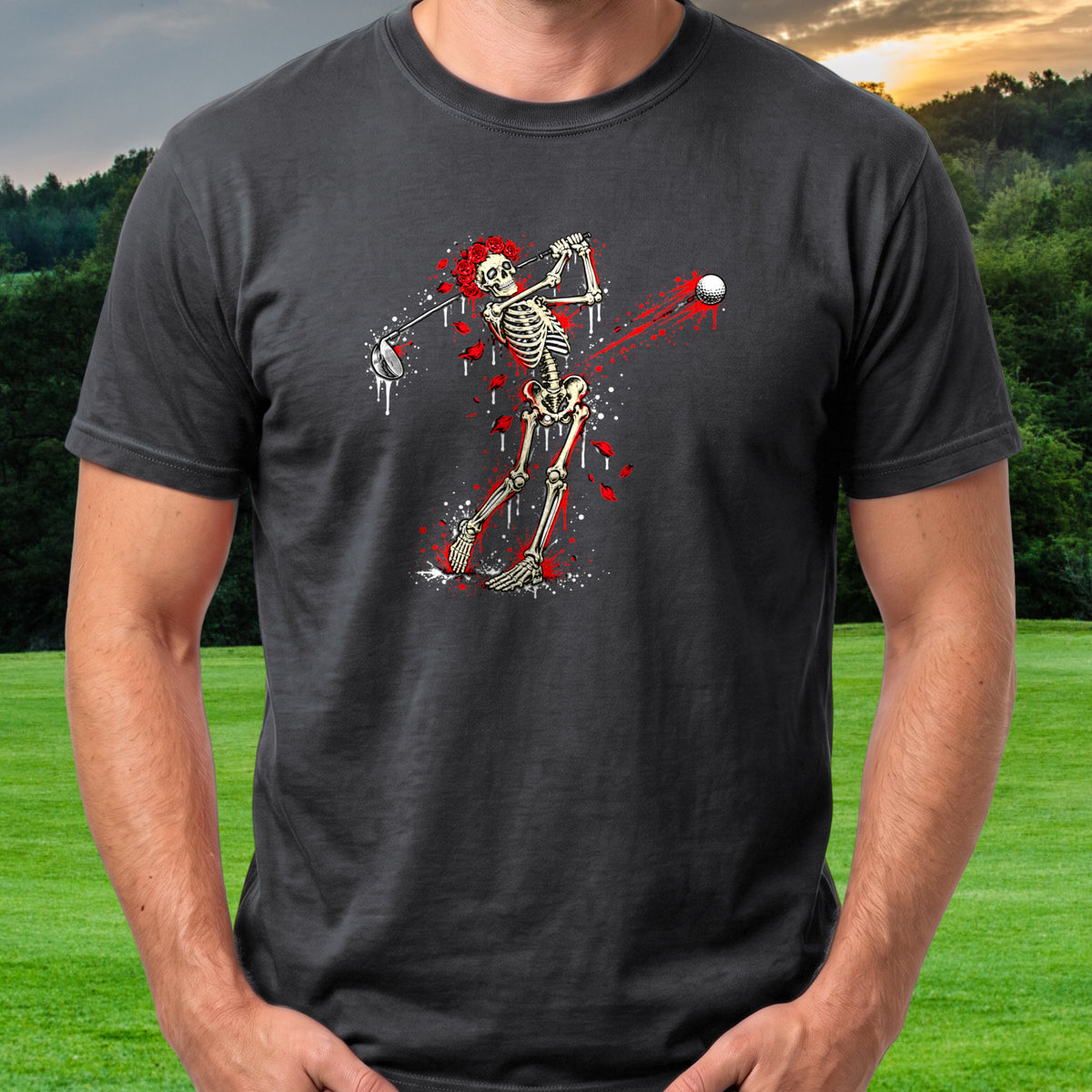 Rose Skeleton Red Splatter Tee worn on the golf course, Black