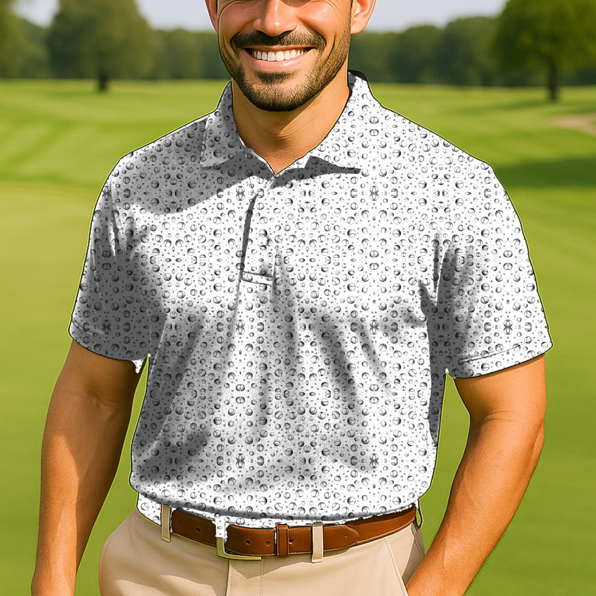 Baseballs Performance Print Polo worn on the golf course