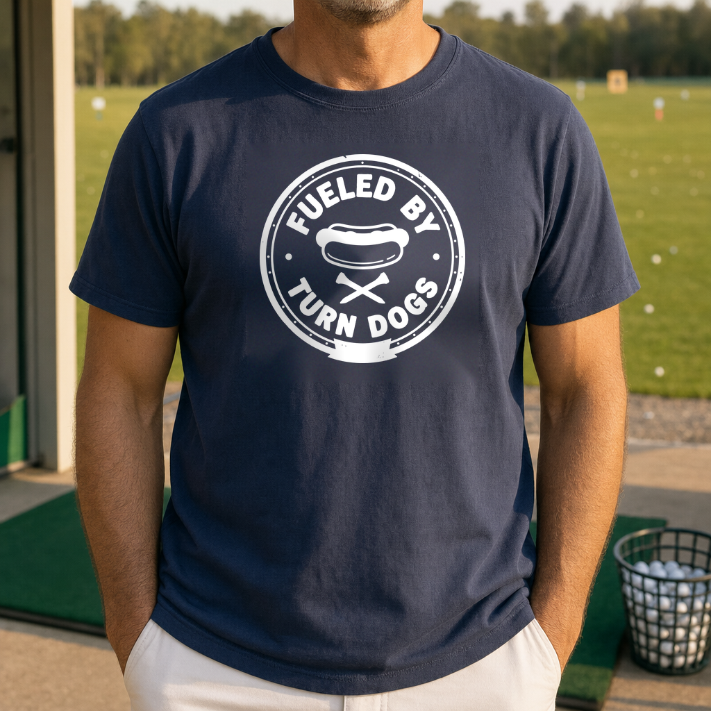 Fueled By Turn Dogs Heavyweight Tee worn on the golf course, True Navy